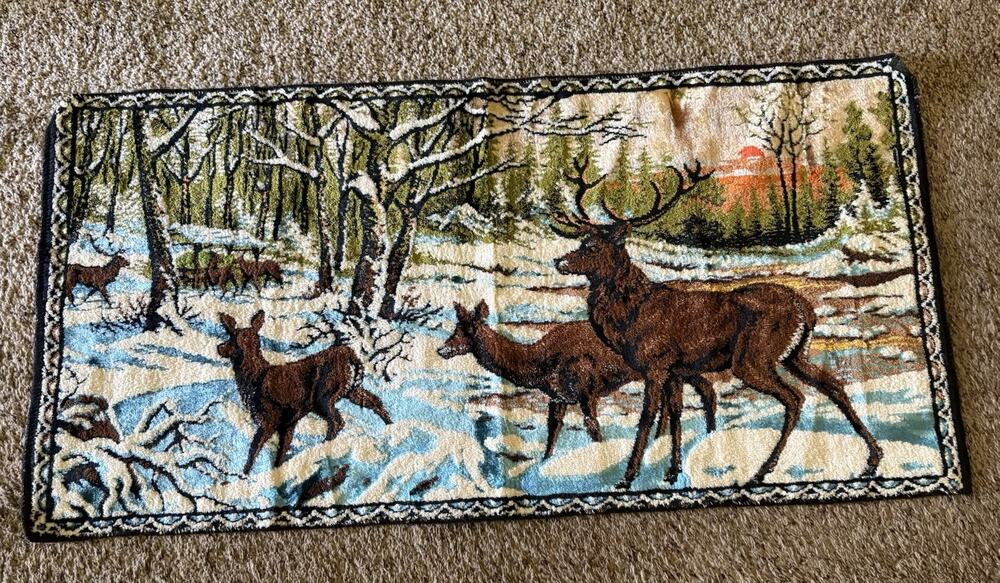 Vintage Tapestry Wall Hanging Rug Wildlife Deer In Snow With Sunset 39x19”